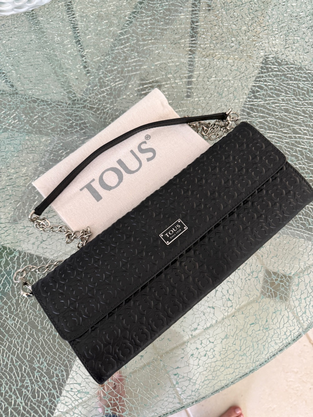 TOUS Black Embossed Leather Clutch with Silver Chain Strap